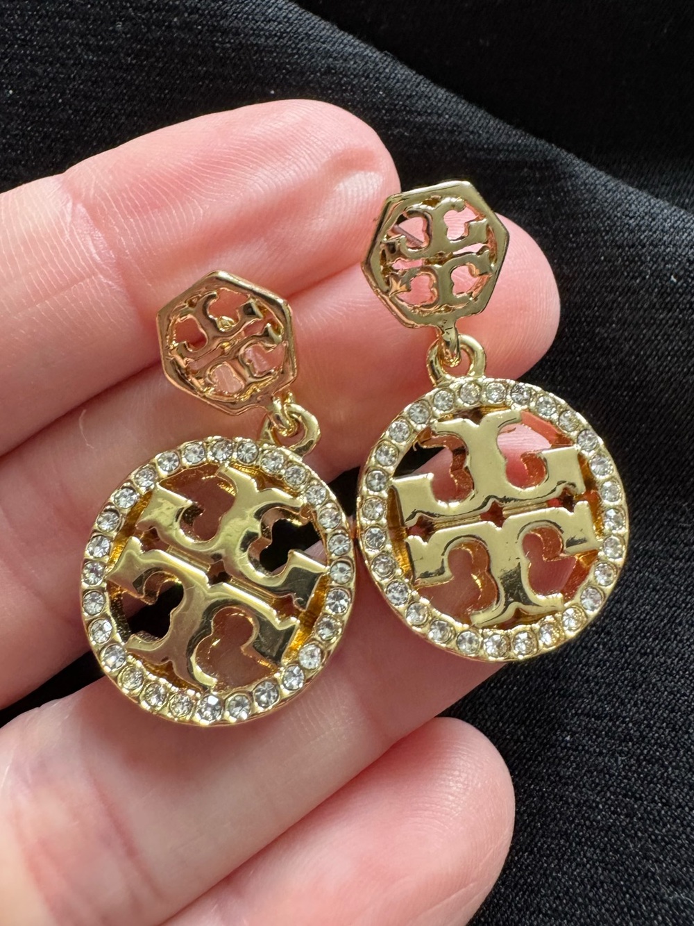 “Gold” Logo Drop Earrings with Crystal Pavé